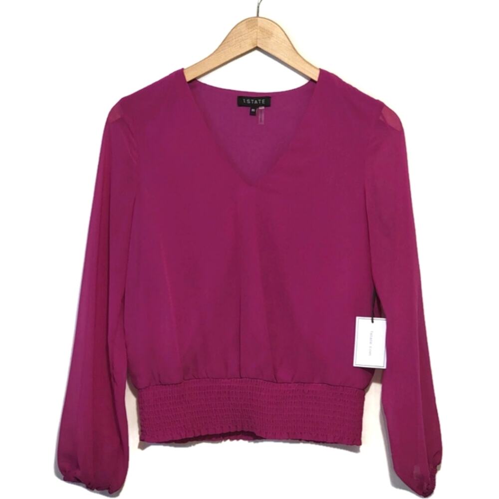 1 State Pink Smocked Waist V-Neck Long Sleeve Blouse Top XS Chic